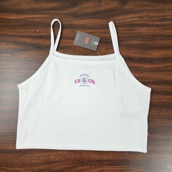 Levis Crop Top Tank Top Floral Graphic Print Stretchy Cream Cotton Size L - Picture 1 of 12